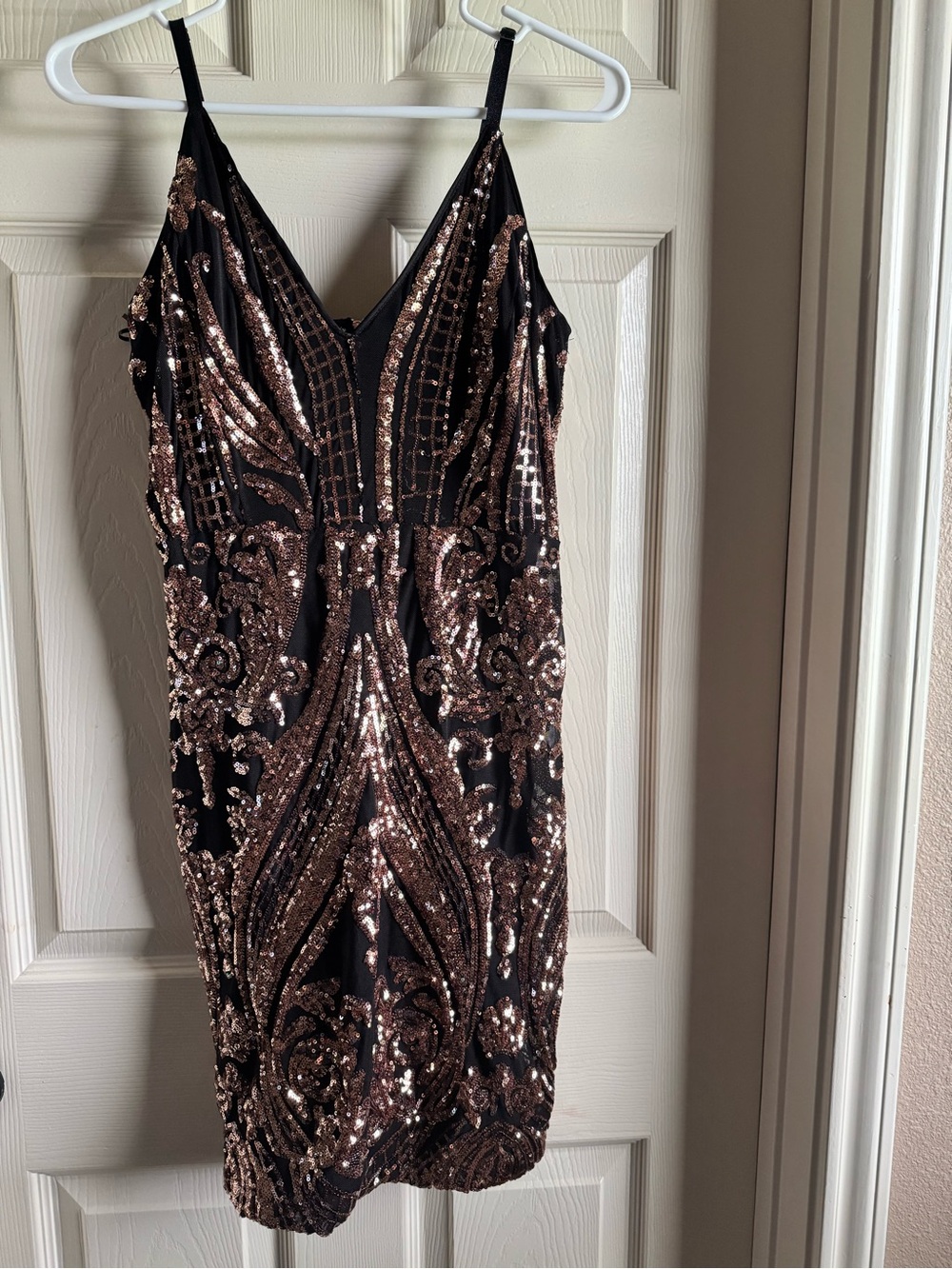 Black and Rose Gold Sequin V-Neck Mini Dress